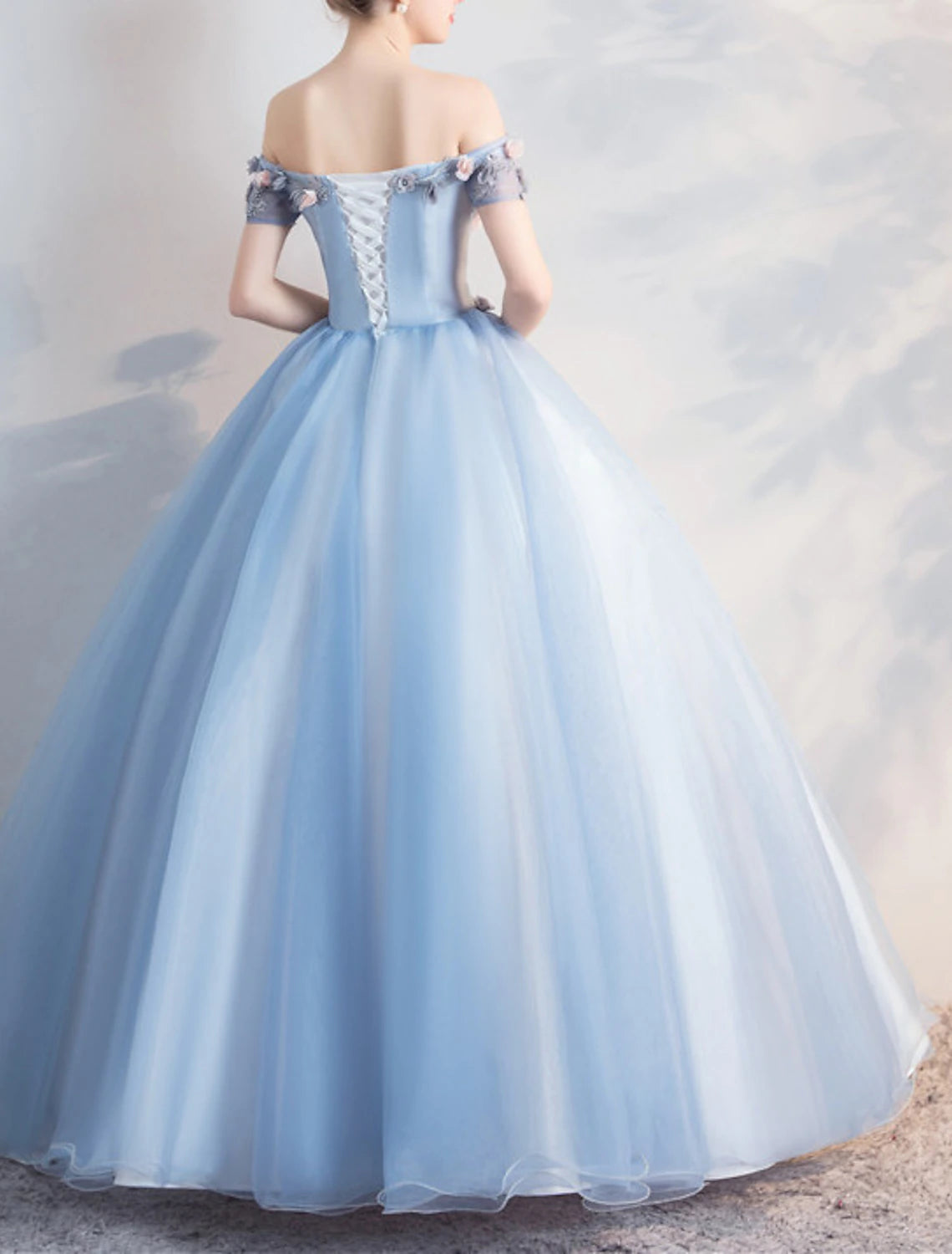 Vestido de fiesta floral, vestido de quinceañera, largo hasta el suelo, manga corta, hombros descubiertos, poliéster con apliques, color puro