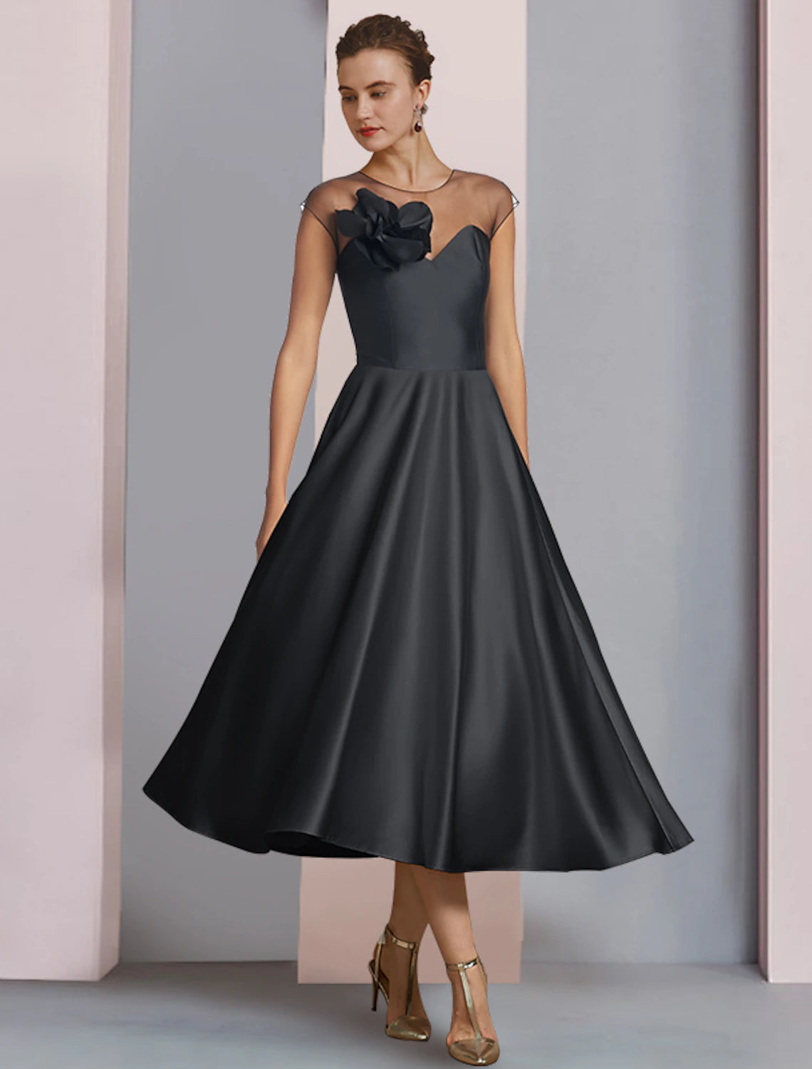 Black Satin A-Line Tea-Length Dress with Illusion Neck and 3D Floral Embellishment