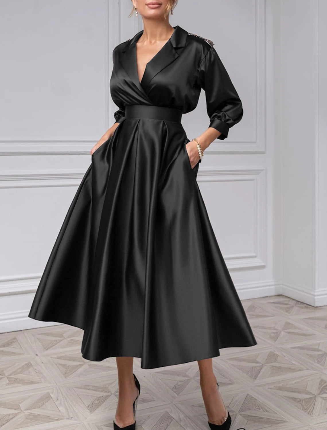 A-Line Cocktail Dresses Vintage Black Dress Plus Size Wedding Guest Evening Party Tea Length 3/4 Length Sleeve Shirt Collar Satin with Pleats 2025