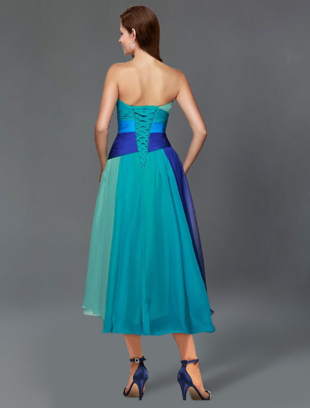 Blue Chiffon A-Line Sweetheart Tea-Length Dress with Pleated Bodice & Embellished Waist