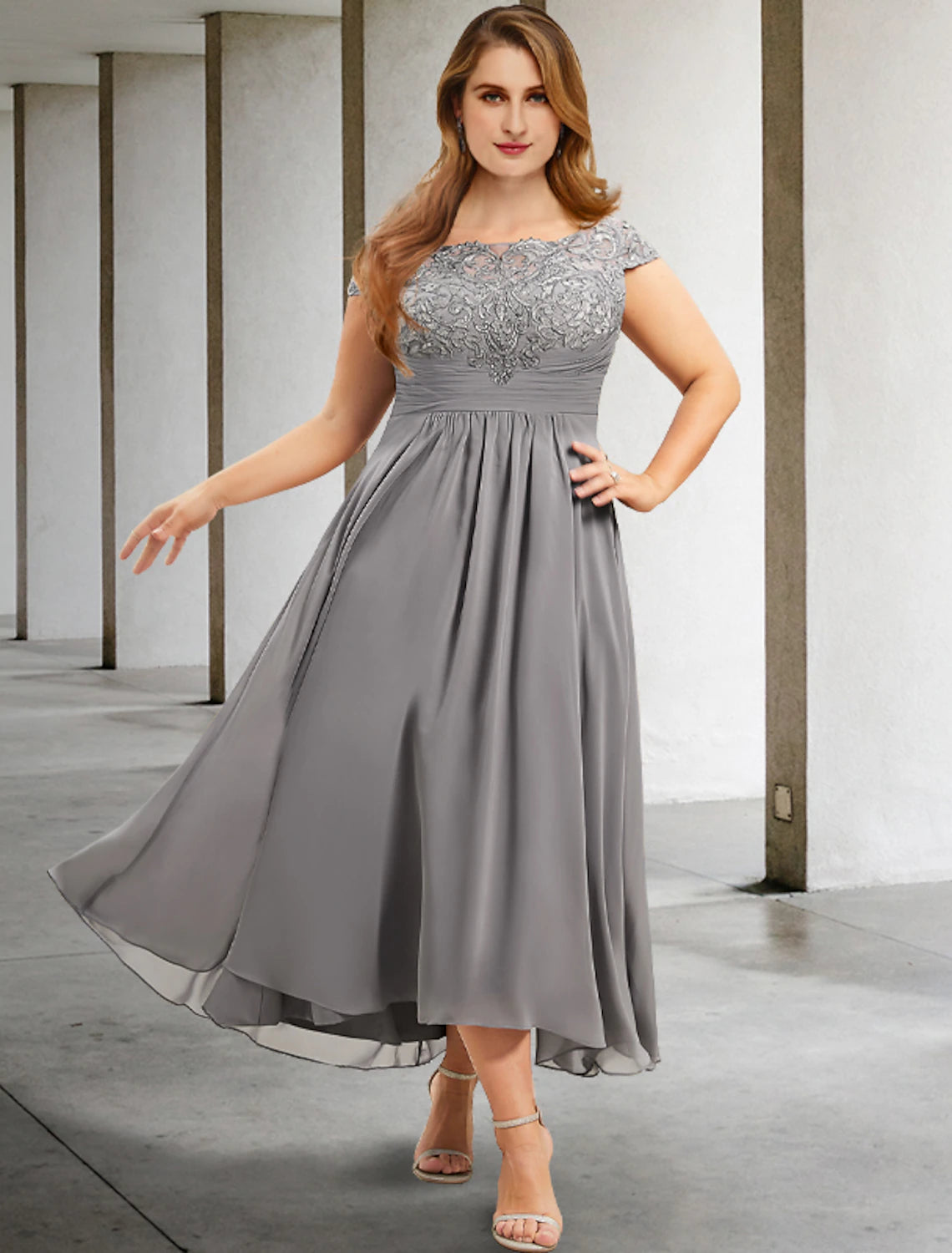 Grey Chiffon A-Line Tea-Length Bridesmaid Dress | Off-the-Shoulder Lace Bodice