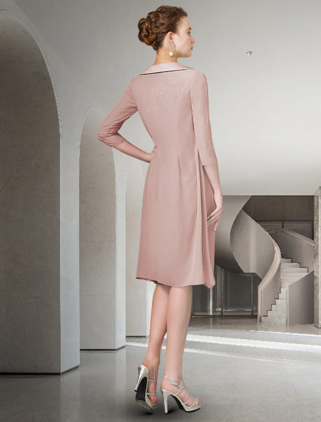 Dusty Rose Lace & Chiffon Sheath/column Knee-Length Scoop Neck Dress