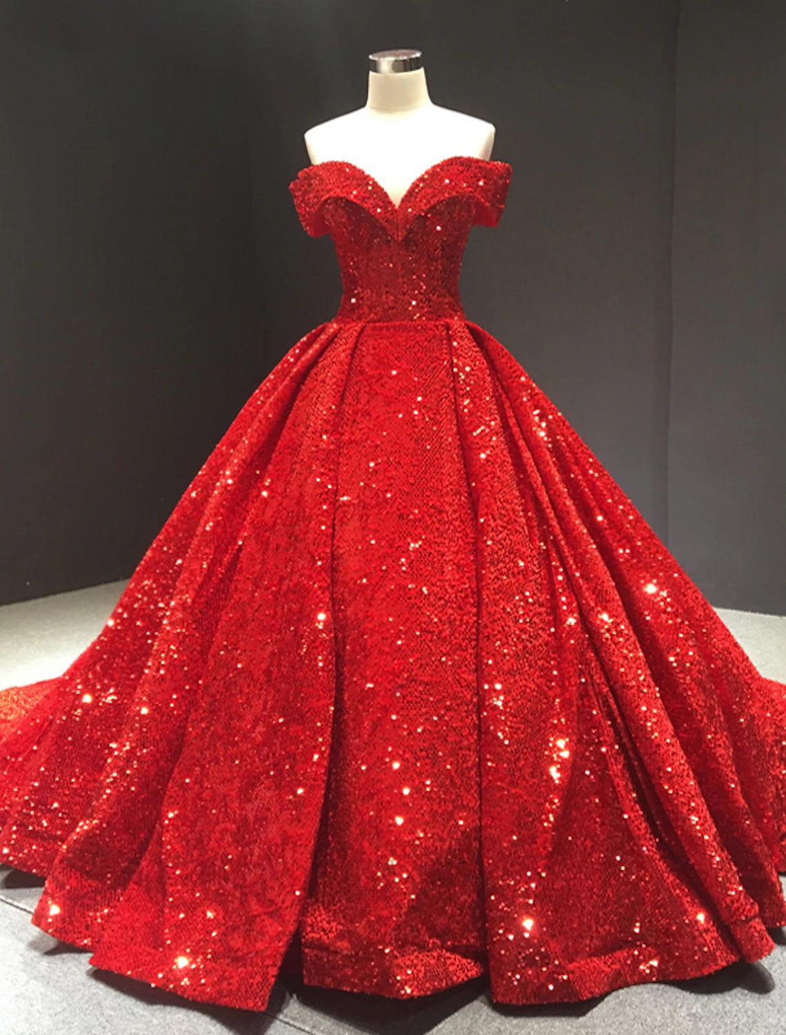 Red Sequin Off-the-Shoulder Ball Gown Floor-Length Evening Dress