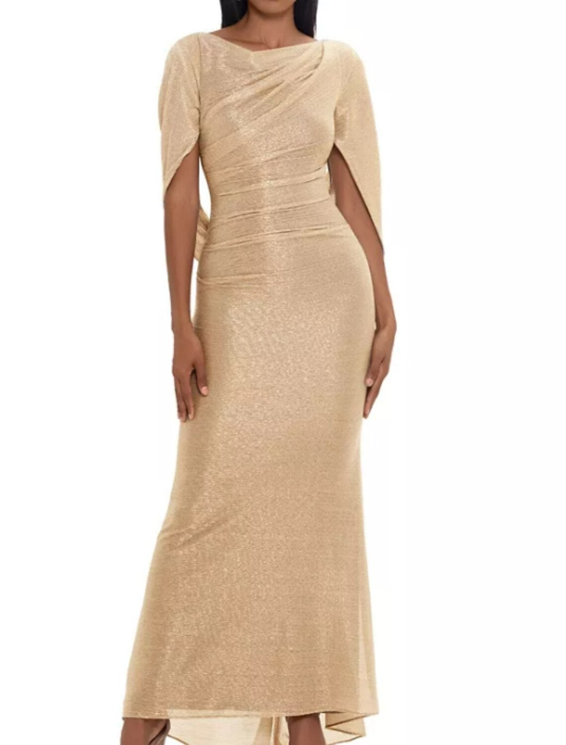 Vestido de noche de corte tubo/columna, vestido de fiesta formal asimétrico, manga 3/4, cuello joya, tejido de lúrex con brillo y fruncido.