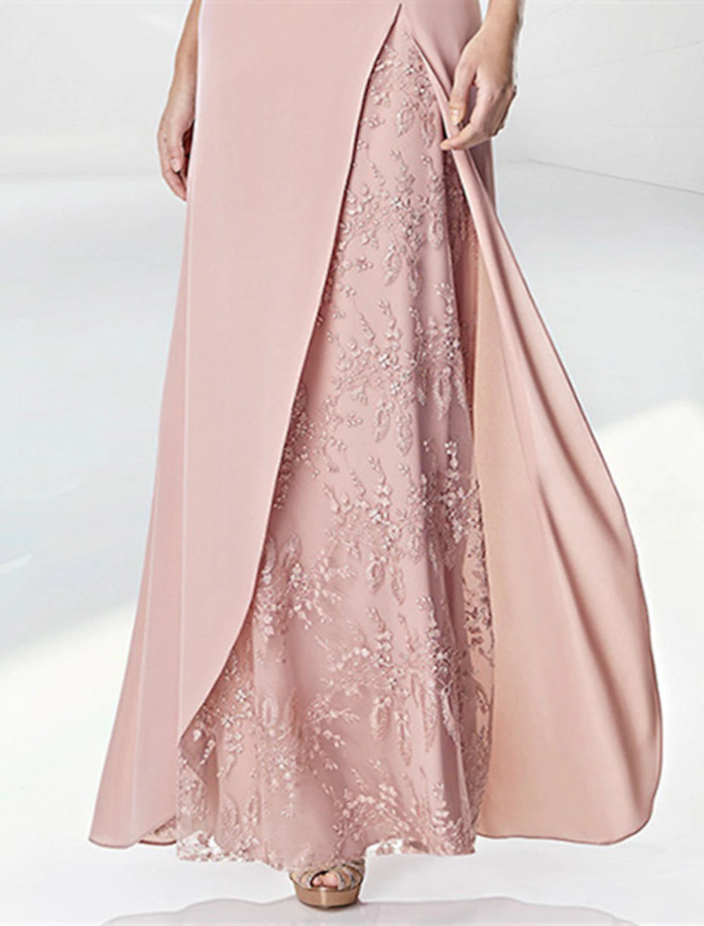 Blushing Pink Chiffon & Lace V-Neck Floor-Length Sheath/Column Dress with Illusion Sleeves