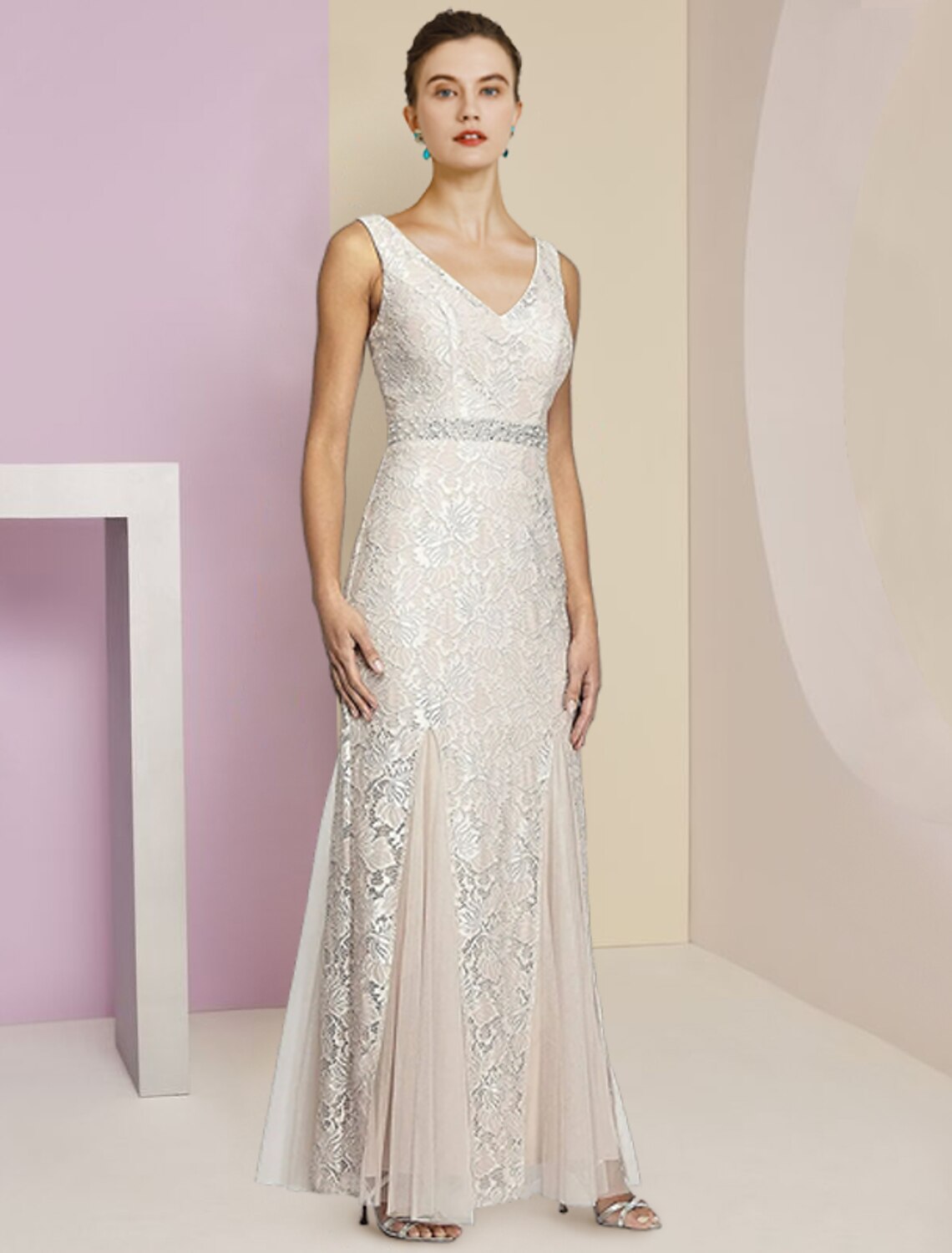 Ivory Lace Sheath/column Floor-Length Dress with Bolero Jacket