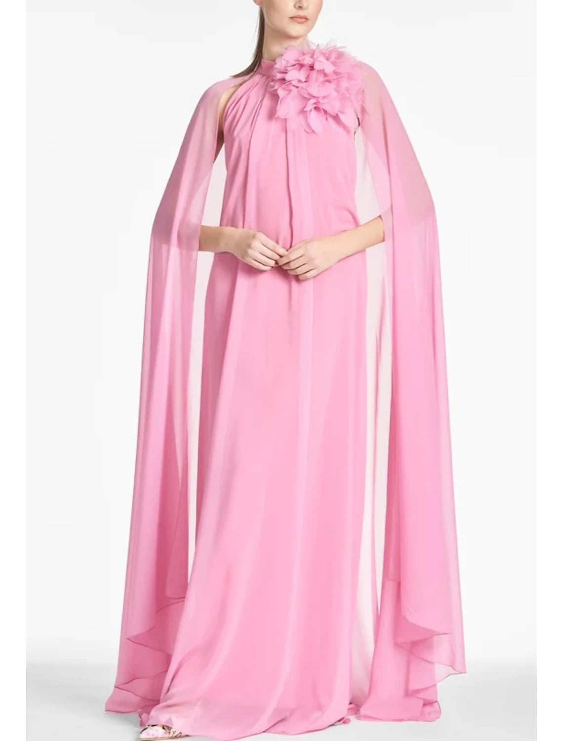 Abito da sera a trapezio, elegante, formale, da ballo, lungo fino al pavimento, senza maniche, con scollo gioiello, in chiffon e fiori sulle spalle