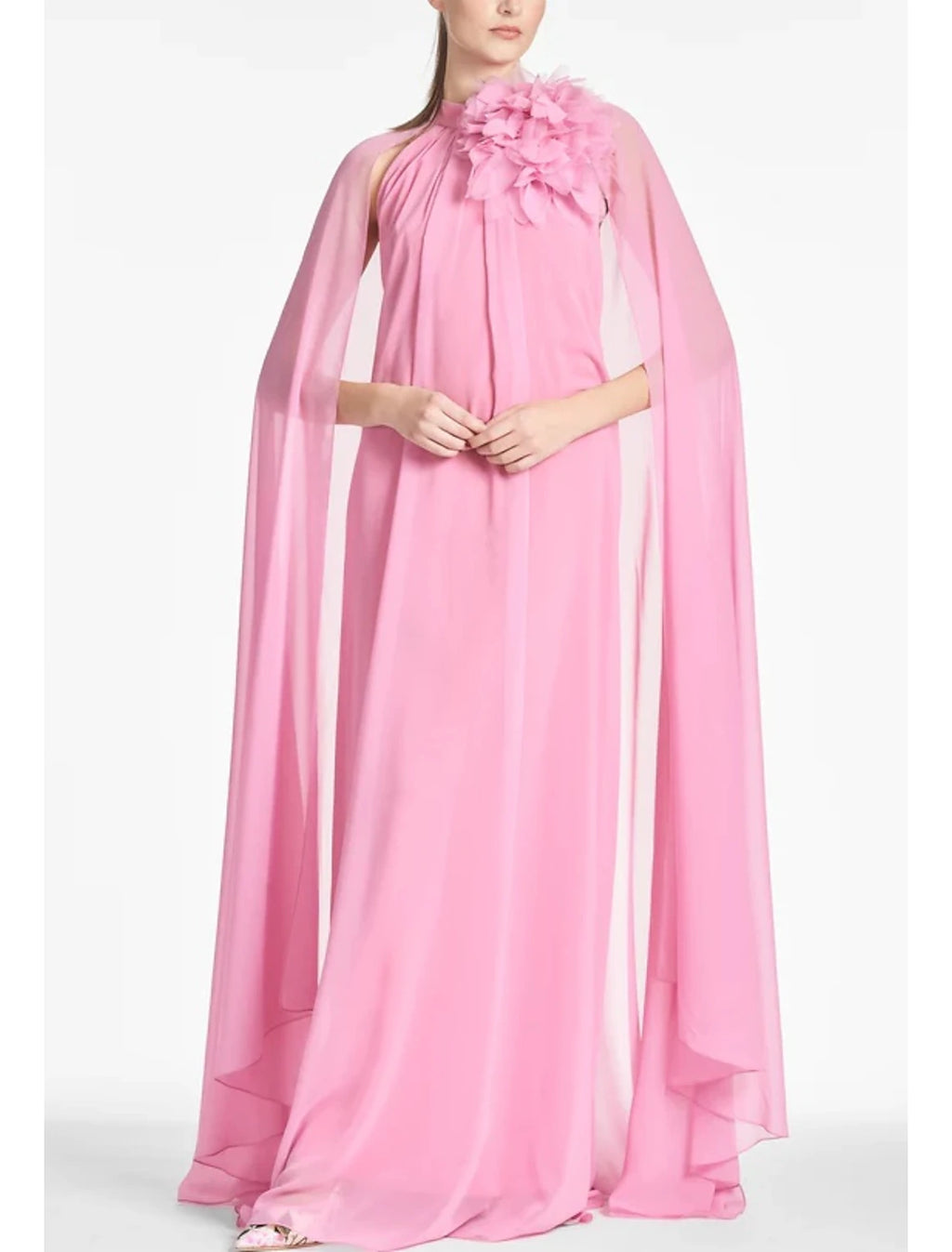 Pink Chiffon A-Line Floor-Length Dress with Halter Neckline, 3D Floral Embellishment & Cape Overlay