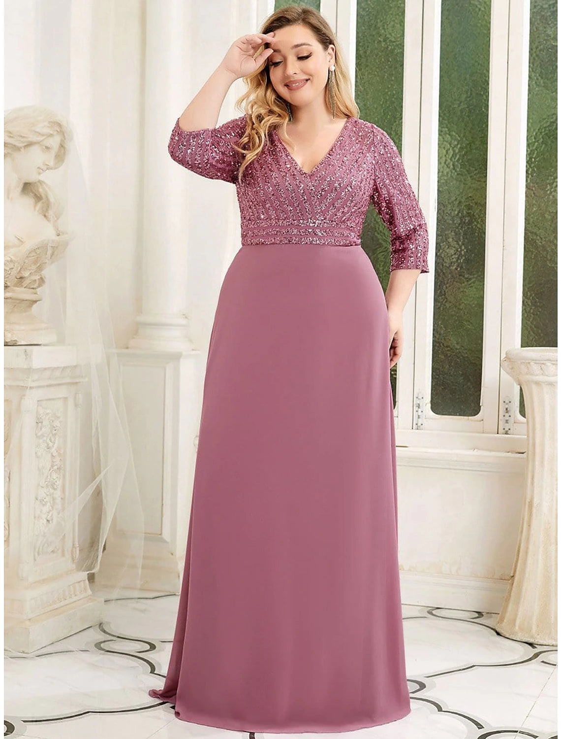 Teal Sequin & Chiffon A-Line V-Neck Floor-Length Gown