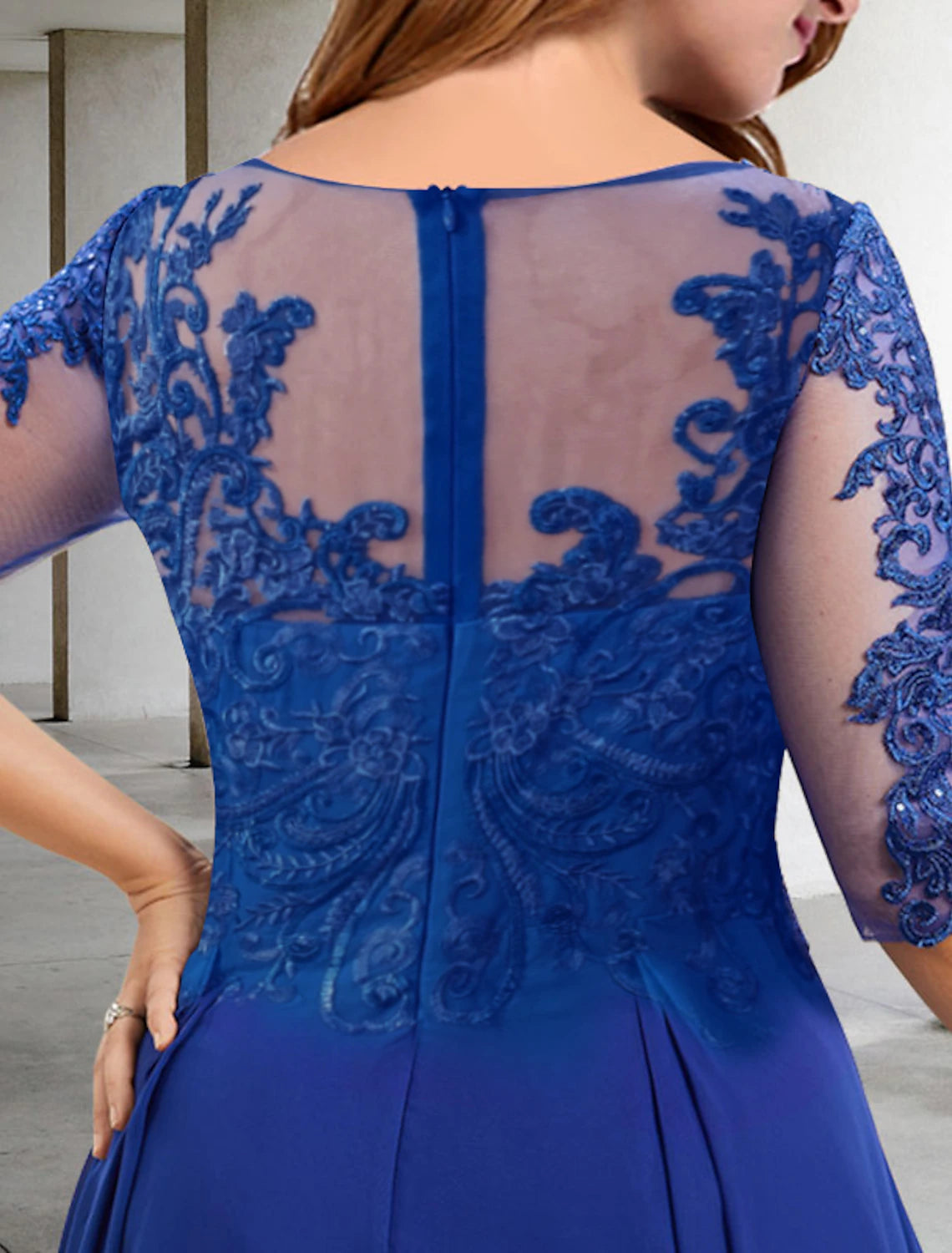 Royal Blue Chiffon A-Line Tea-Length Evening Dress with Illusion Lace Bodice