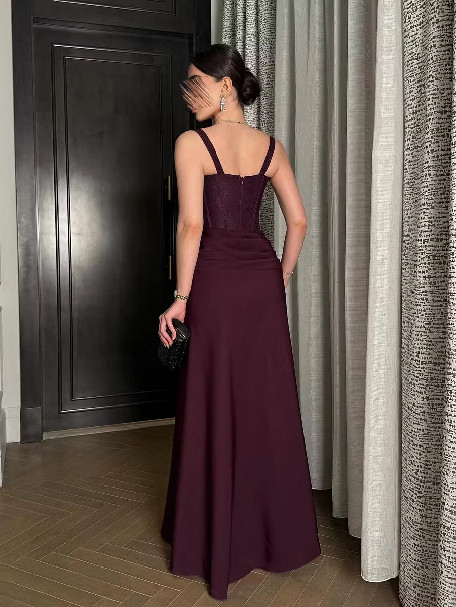 Plum Lace & Crepe Sheath/column Sweetheart Back Zip Floor-Length Dress Back View - Jimiss