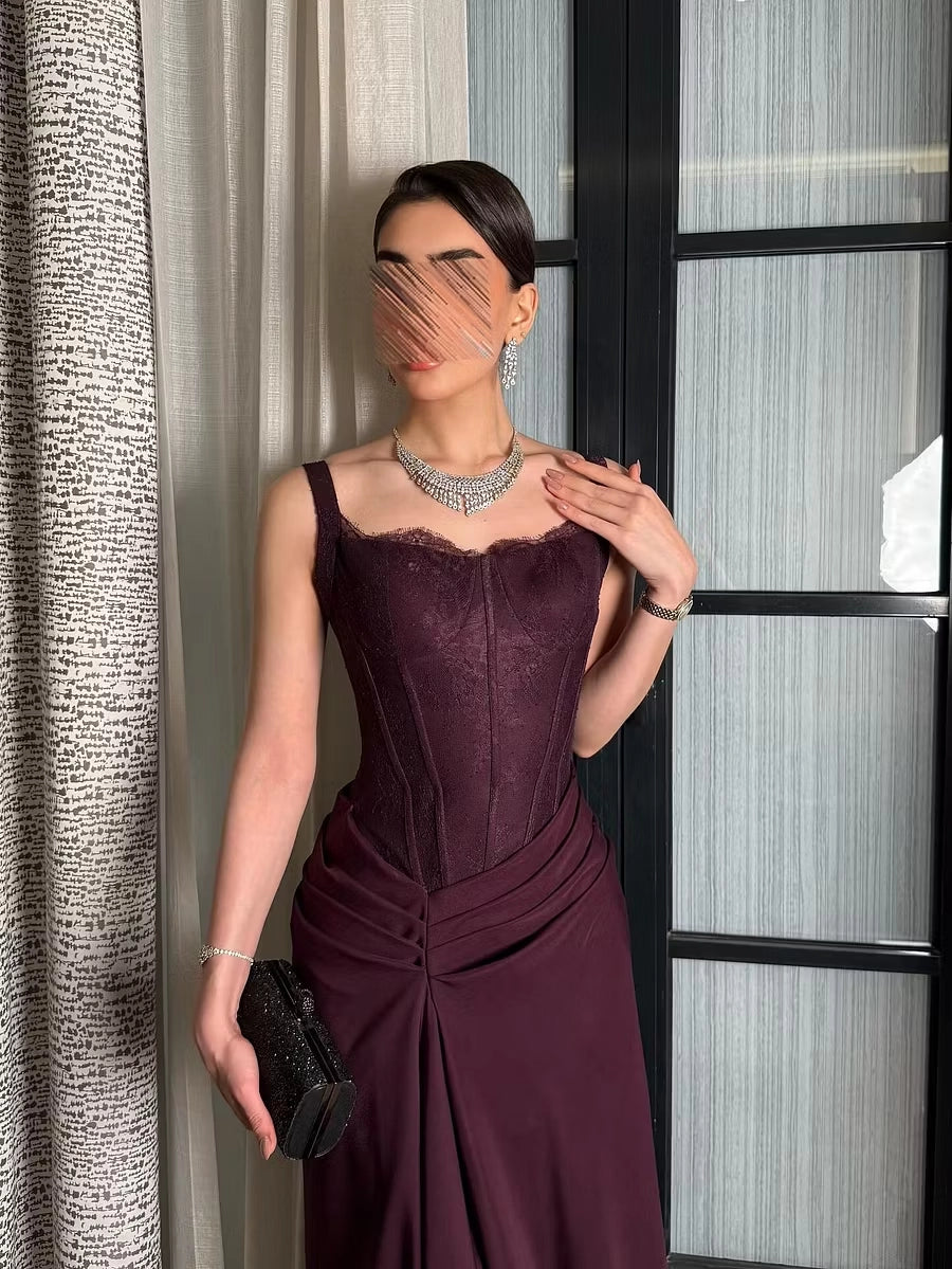 Plum Lace & Crepe Sheath/column Sweetheart Back Zip Floor-Length Dress Detail - Jimiss