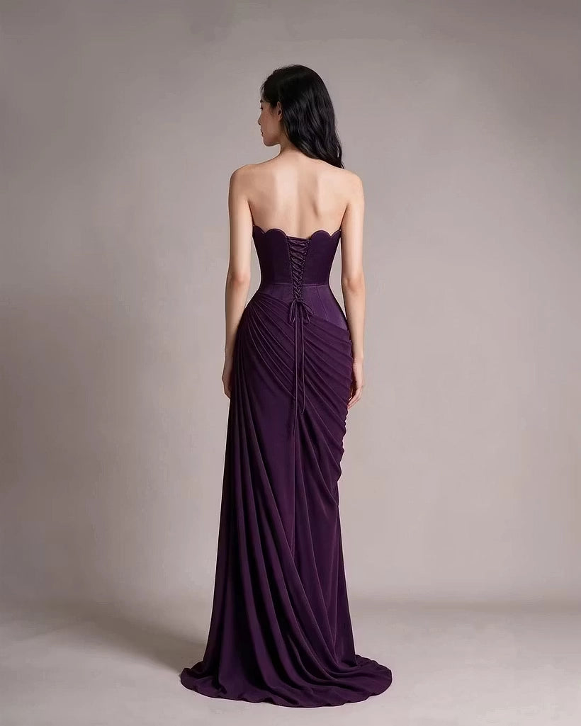 Plum Satin and Chiffon Sheath Column Straight Across Floor Length Dress Back View - Jimiss