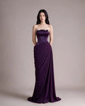 Plum Satin and Chiffon Sheath Column Straight Across Floor Length Dress Front View - Jimiss
