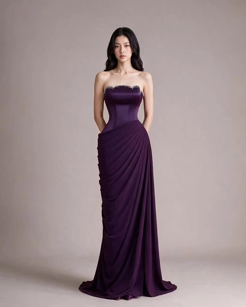 Plum Satin and Chiffon Sheath Column Straight Across Floor Length Dress Front View - Jimiss