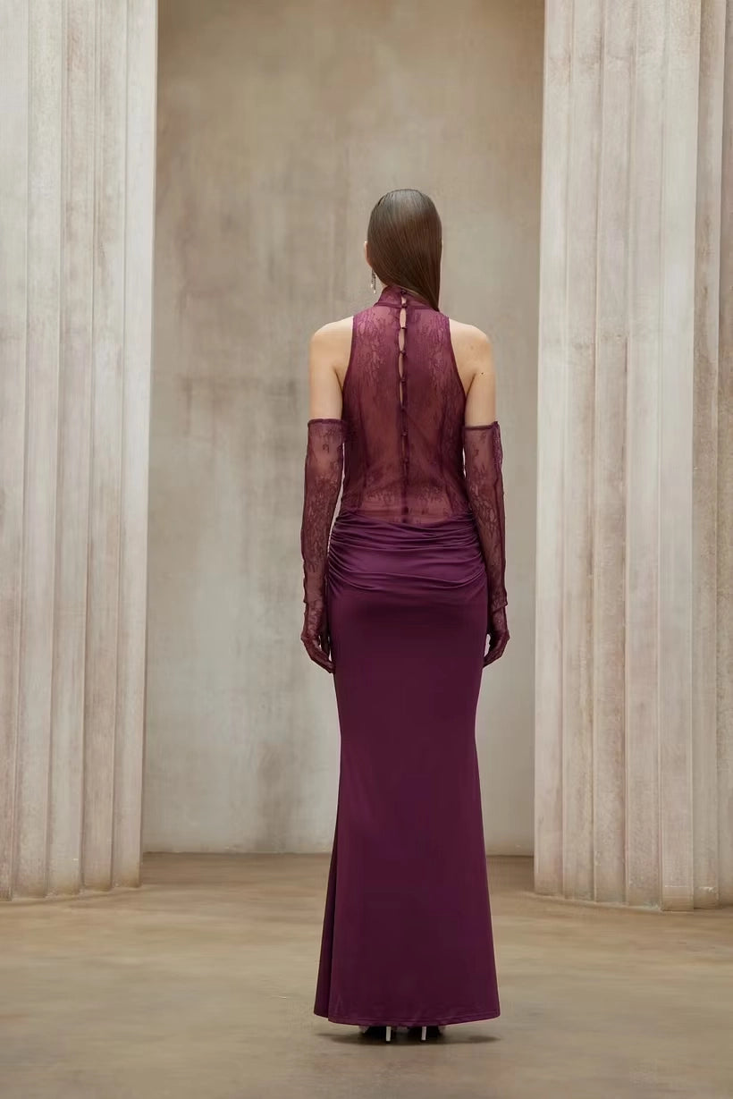 Plum Satin and Lace Sheath-Column High Neck Button Back Floor Length Dress Back View - Jimiss