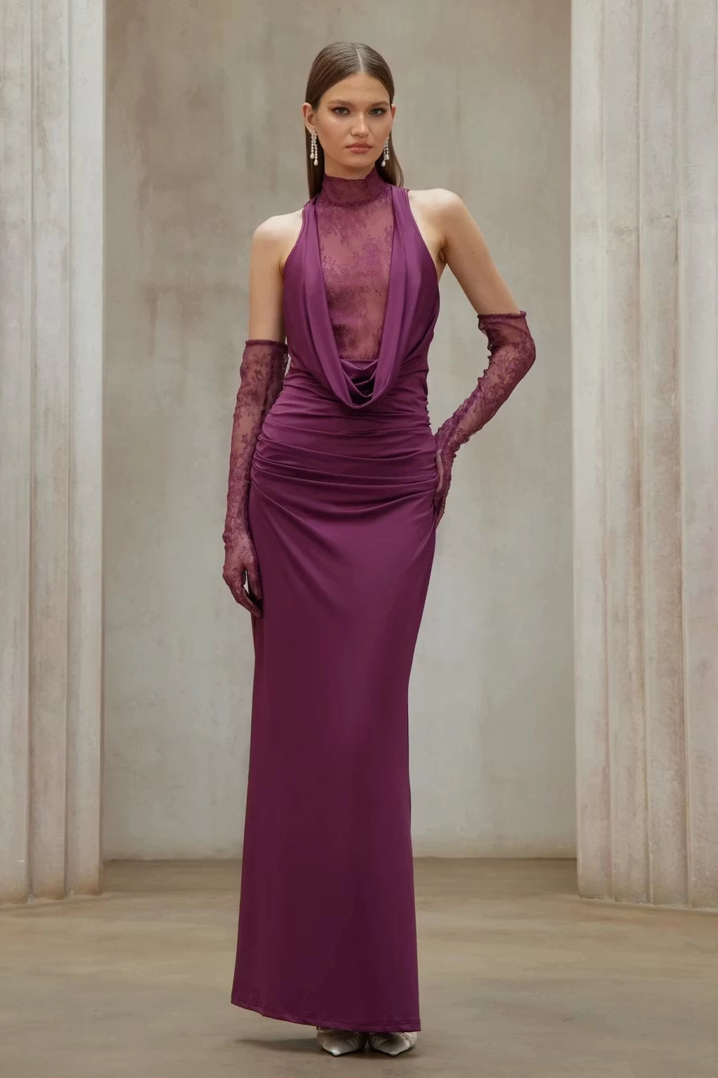 Plum Satin and Lace Sheath-Column High Neck Button Back Floor Length Dress Front View - Jimiss