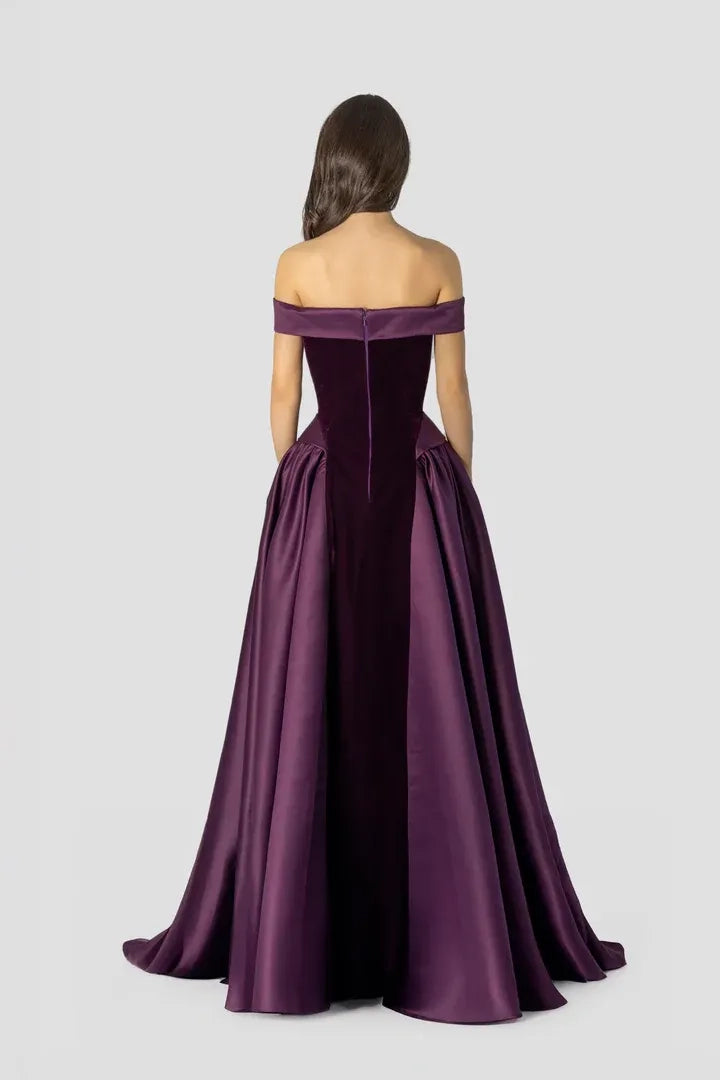 Plum Velvet and Satin A-Line Off-the-Shoulder Zipper Back Floor-Length Dress Back View - Jimiss