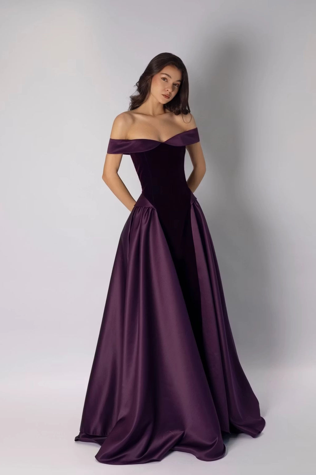 Plum Velvet and Satin A-Line Off-the-Shoulder Zipper Back Floor-Length Dress Front View - Jimiss