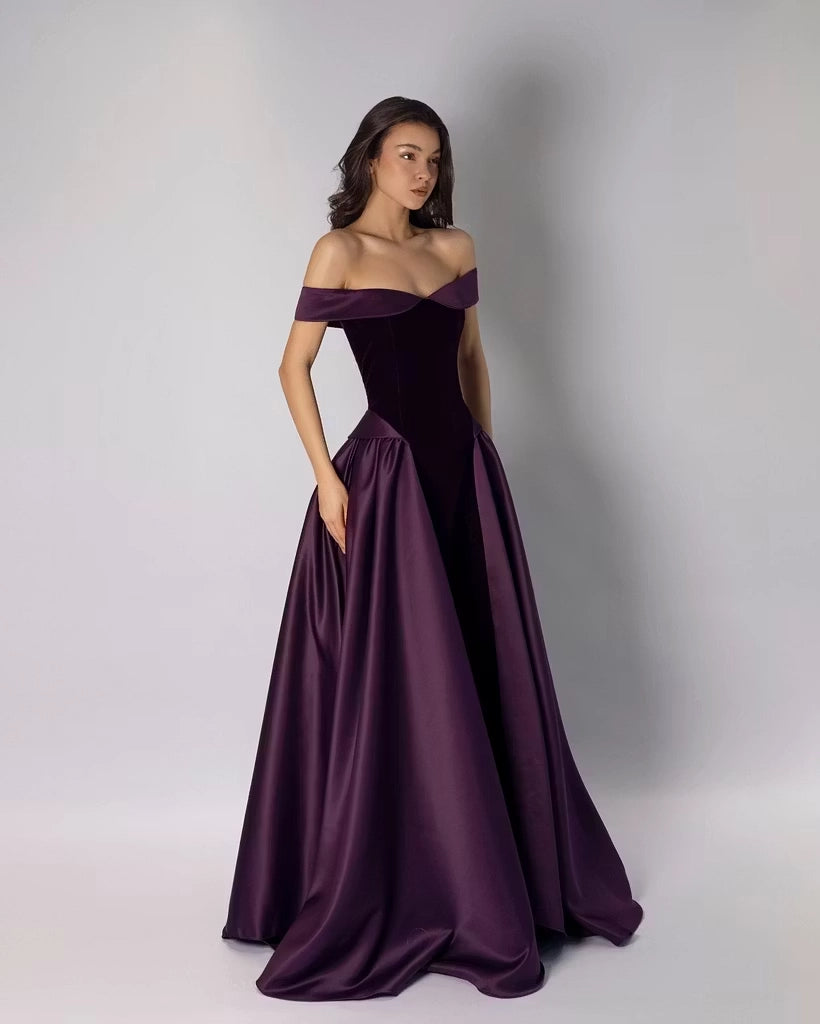 Plum Velvet and Satin A-Line Off-the-Shoulder Zipper Back Floor-Length Dress Front View - Jimiss