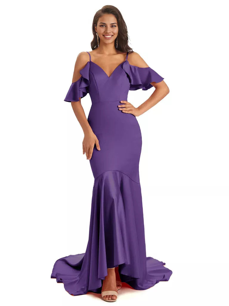 Soft Satin Asymmetric Spaghetti Straps Sleeveless Mermaid Cold Shoulder Bridesmaid Dresses