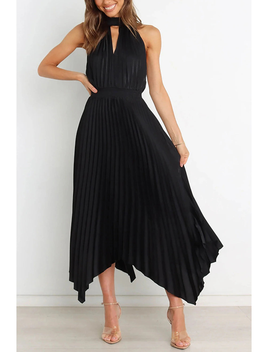 Abiti da festa a trapezio, abiti casual, abiti da cerimonia, abiti da cerimonia, abiti da cerimonia asimmetrici, senza maniche, scollo all'americana, in raso con pieghe