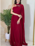 Abito da sera a trapezio, elegante, formale, con strascico a ruota, rosso e verde, senza maniche, in chiffon con pieghe, spalle arricciate e fiori