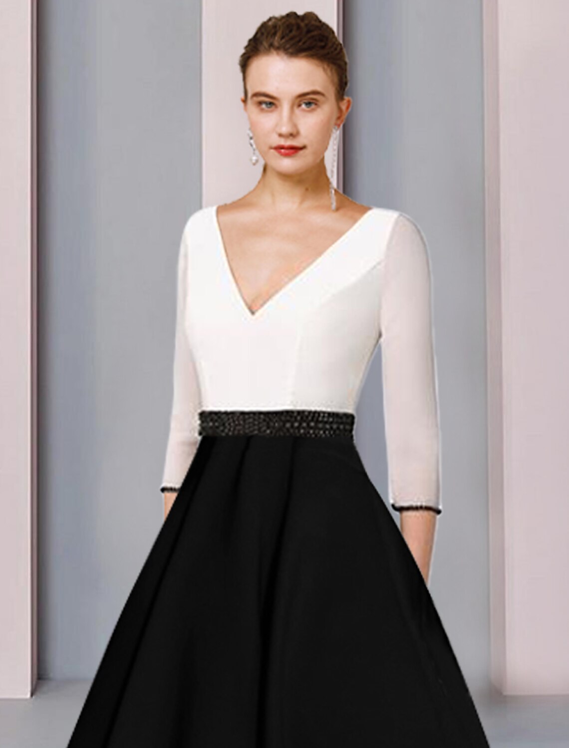 Abito da cerimonia per la madre della sposa, a trapezio, elegante, con scollo a V, lunghezza tè, in chiffon e raso, a maniche corte, con fascia/nastro, a blocchi di colore