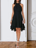 Abito da cocktail a trapezio con vita alta, scollo all'americana, schiena a V, per fidanzamento, ballo semi-formale, senza maniche, lunghezza al ginocchio, in chiffon con balza elegante