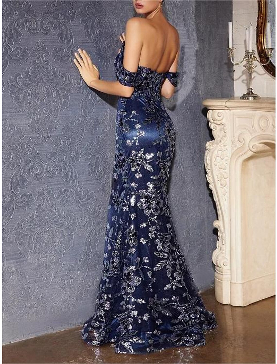 Abiti da ballo a sirena/tromba, abiti da festa, carnevale, strascico, senza maniche, spalle scoperte, tulle con spacco in paillettes glitterate