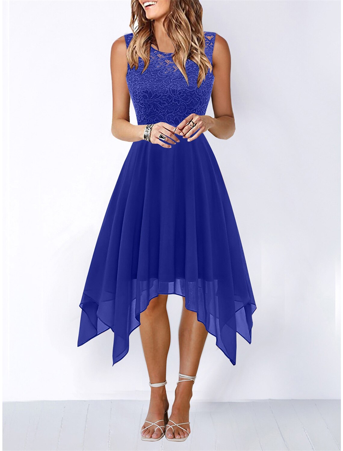 Vestido de fiesta para mujer, vestido de encaje, vestido de regreso a casa, vestido midi, rosa, vino, azul, sin mangas, color puro, encaje, verano, primavera, cuello redondo, fiesta, cumpleaños, fiesta de noche, invitada de boda