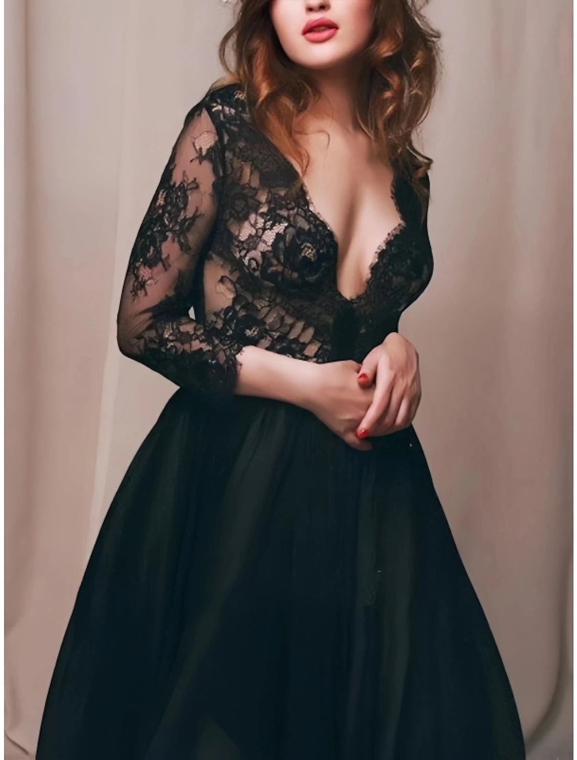 Elegant Black Lace & Chiffon A-Line Floor-Length V-Neck Evening Gown