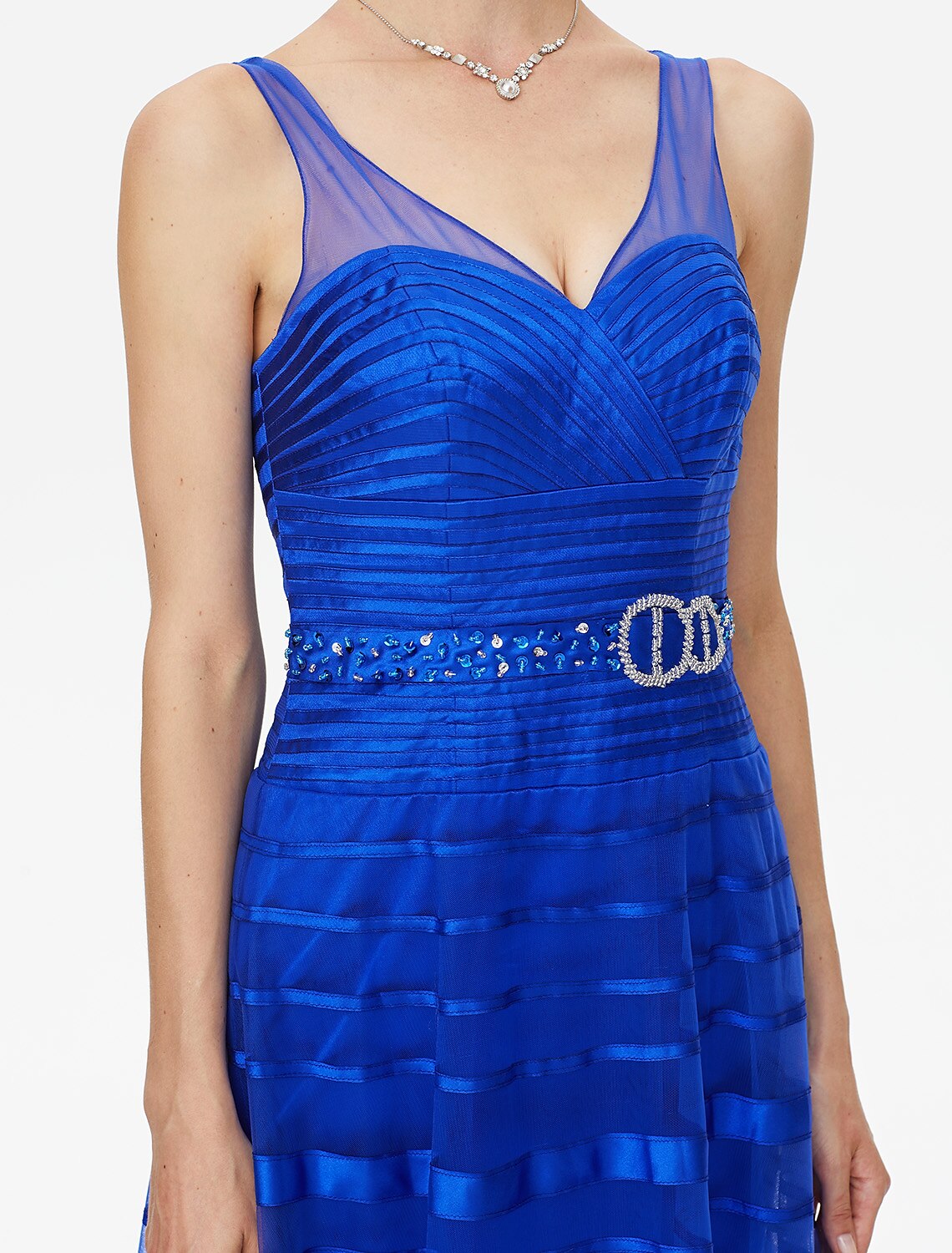 Abito da madre della sposa a trapezio, con spalline scoperte sulla schiena, lunghezza al pavimento, in tulle e raso, senza maniche, con perline