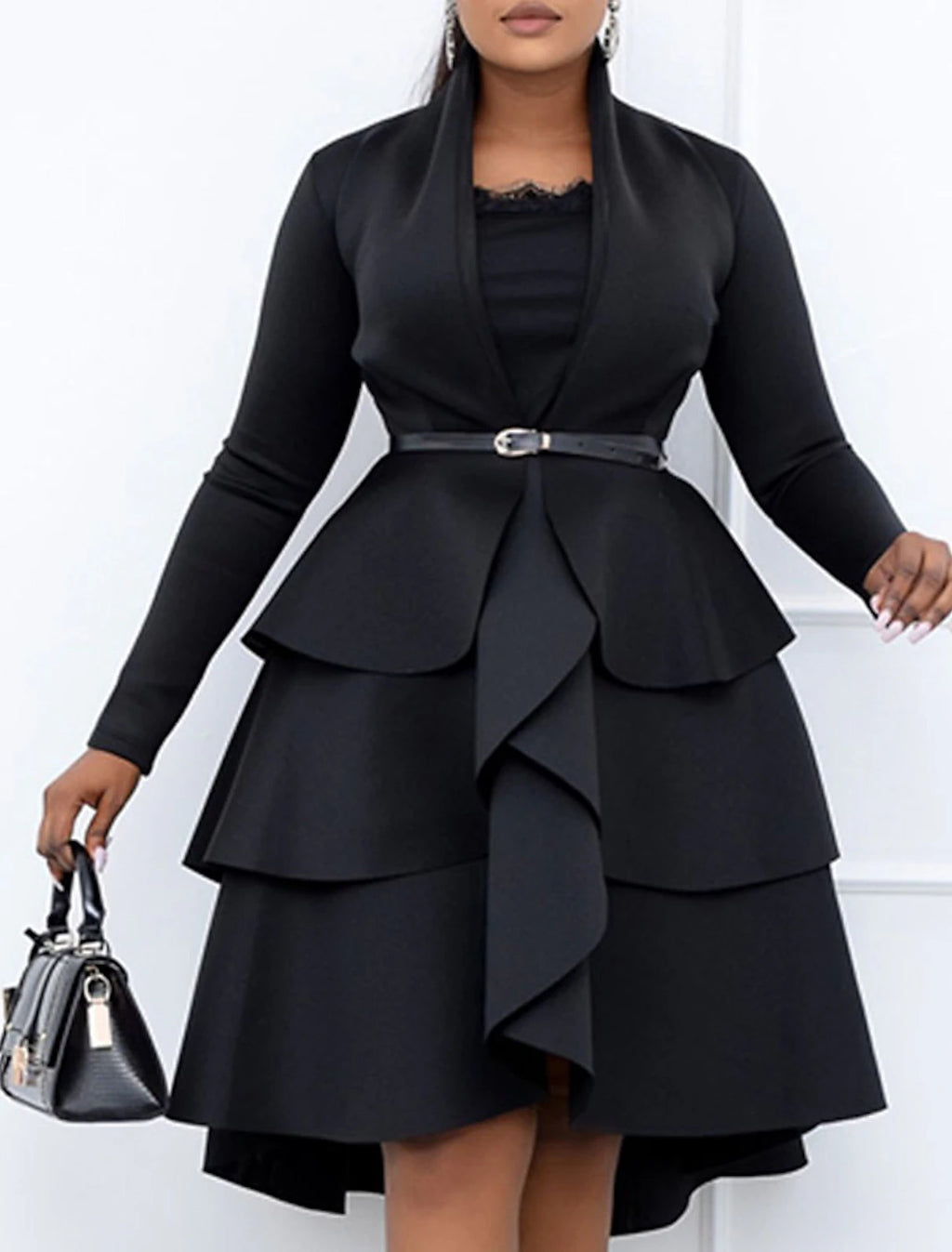 Black Crepe Asymmetrical A-Line Evening Dress with Tiered Ruffle Skirt