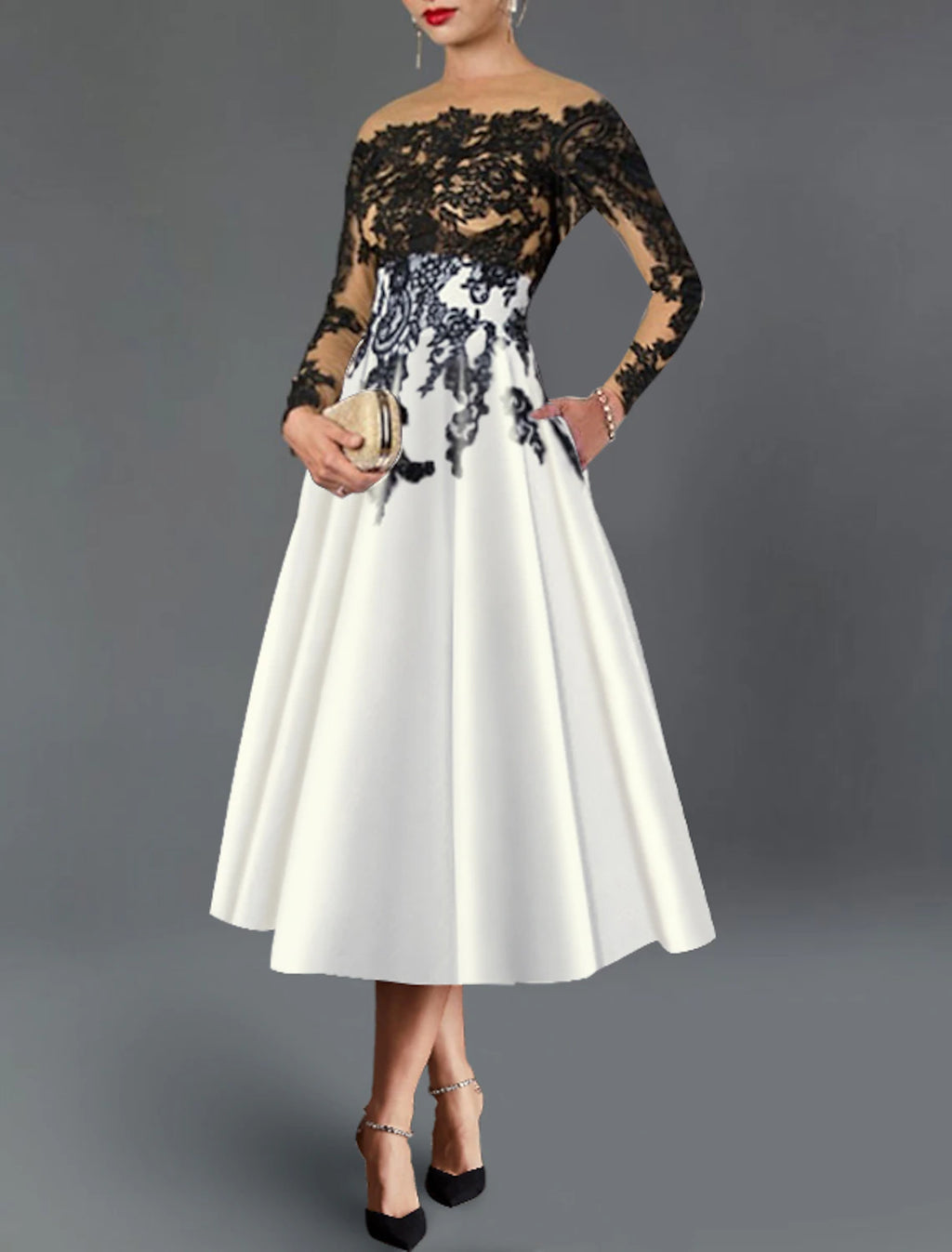 Black Lace Satin A-Line Tea-Length Dress with Boat Neck