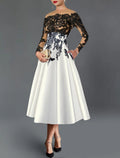 Black Lace Satin A-Line Tea-Length Dress with Boat Neck