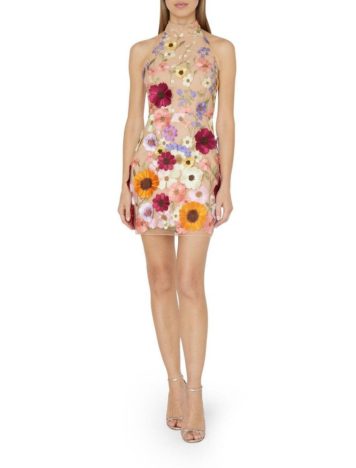 Vestido de fiesta con corte tubo/columna, floral, para cóctel, cumpleaños, corto/mini, sin mangas, cuello halter, rosa, con encaje y bordado