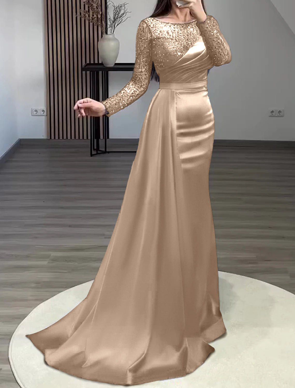 Vestido de sirena, vestido de noche, vestido rojo y verde, vestido formal de boda, para invitados, cola de corte, manga larga, cuello joya, charmeuse con perlas fruncidas y lentejuelas