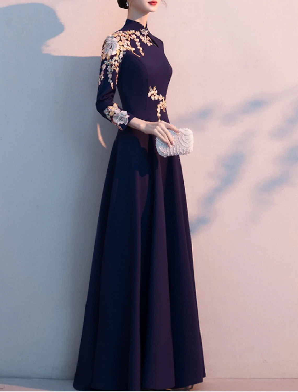 A-Line Mother of the Bride Dress Elegant Simple High Neck Floor Length  Fabric Long Sleeve with Pleats Appliques