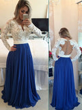 Royal Blue Chiffon A-Line Floor-Length Evening Dress: V-Neck, Backless Embellished Bodice