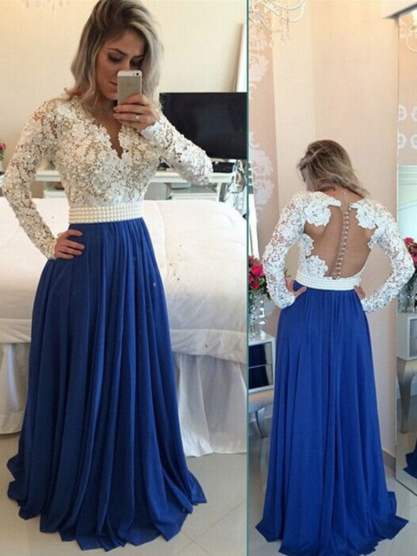 Royal Blue Chiffon A-Line Floor-Length Evening Dress: V-Neck, Backless Embellished Bodice