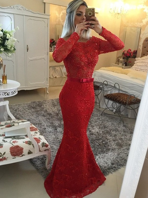 Red Lace Mermaid Floor-Length Evening Dress with Beaded Scoop Neck
