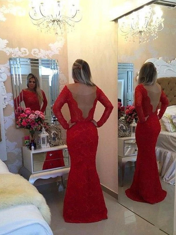 Red Lace Mermaid Floor-Length Evening Dress with Beaded Scoop Neck