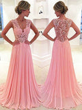 Blushing Pink Chiffon A-Line Floor-Length Bridesmaid Dress with Lace V-Neck & Illusion Back