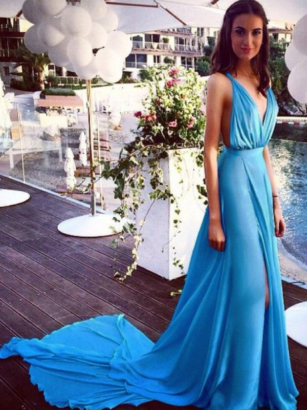 Blue Chiffon A-Line V-Neck Backless Floor-Length Evening Dress with High Slit