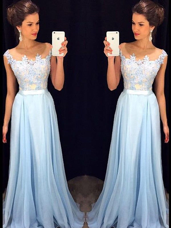 Sky Blue A-Line Chiffon Bridesmaid Dress - Illusion Neck Floor-Length