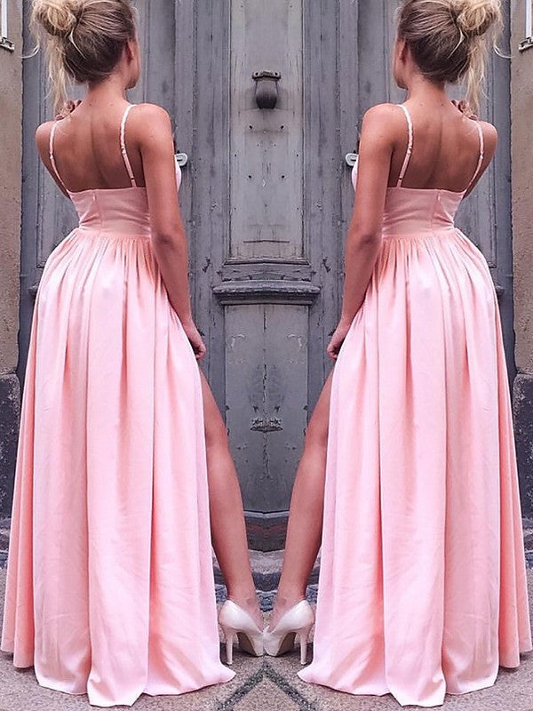 Pink Satin A-Line V-Neck Backless Floor-Length Evening Dress with High Slit
