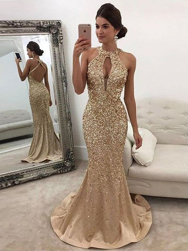 Gold Sequin Mermaid Floor-Length Evening Dress with Halter Neckline & Criss-Cross Straps Back