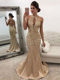 Gold Sequin Mermaid Floor-Length Evening Dress with Halter Neckline & Criss-Cross Straps Back