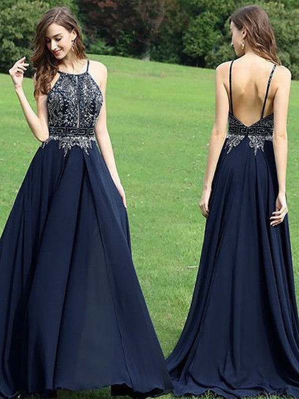 Dark Navy Chiffon Halter Neckline Backless A-Line Floor-Length Evening Dress